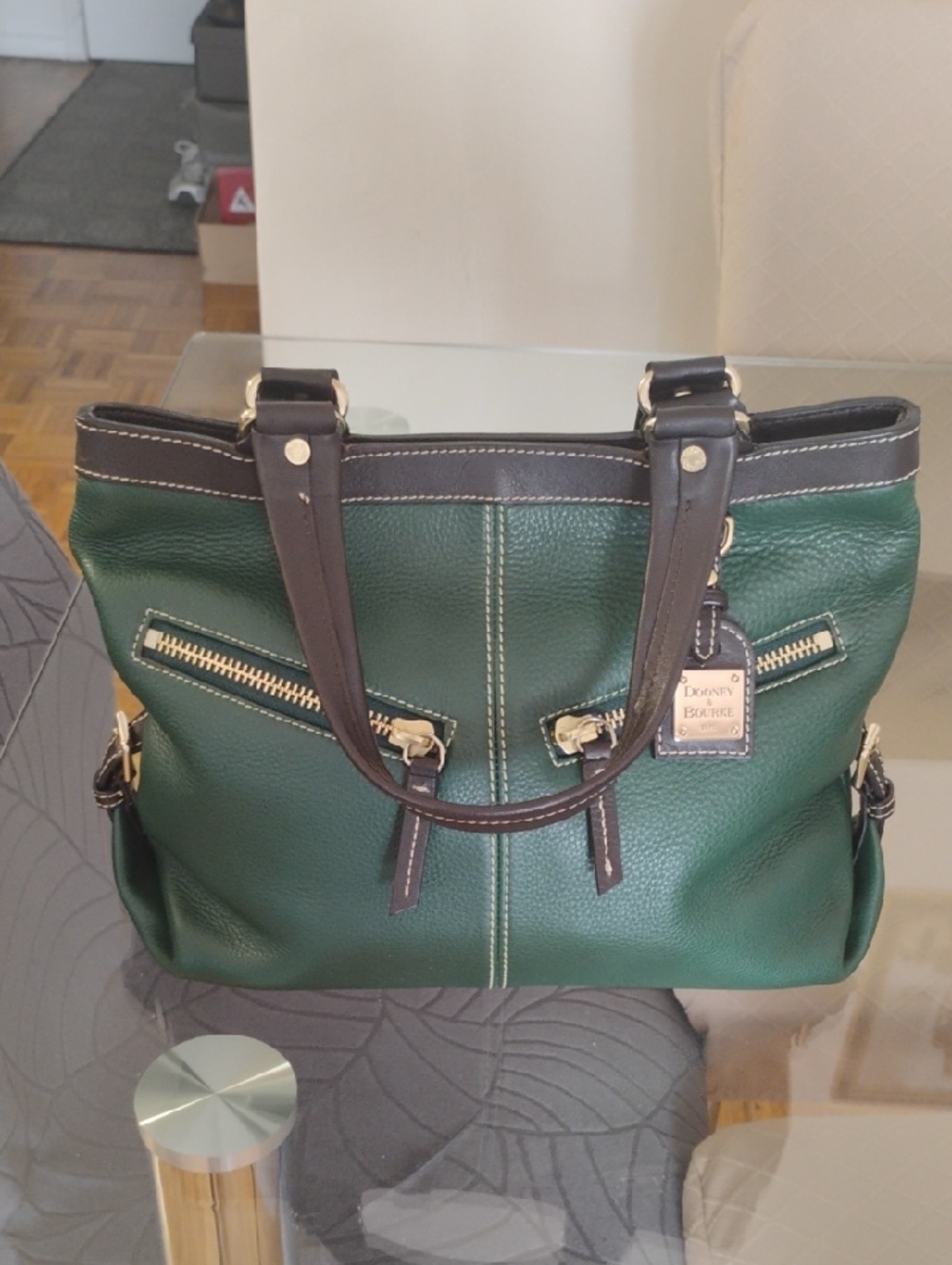 Dooney & Bourke Green Pebbled Leather Shoulder Tote with Dark Brown Trim - Picture 2 of 7